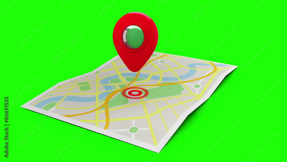 Poster red marker pointing at a map of a town