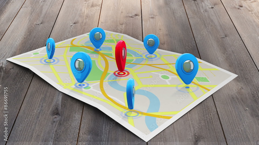 Poster red marker on a map surrounded by blue markers