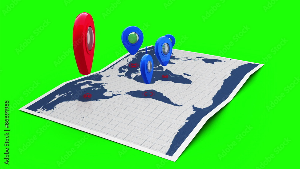 Aufkleber Red pointer on a world map surrounded by blue markers
