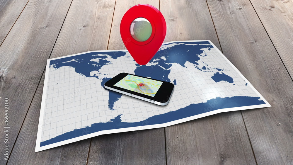 Aufkleber Red marker pointing on a mobile on a world map with lens flare