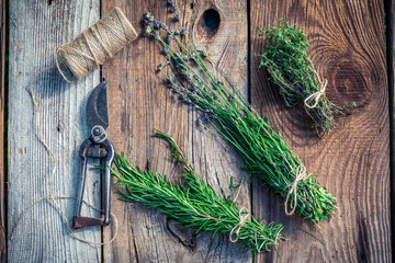 Healthy herbs on old wooden table