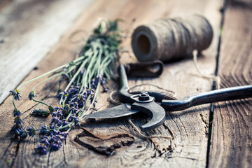Aromatic lavender on old wooden table