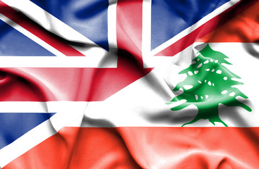 Waving flag of Lebanon and Great Britain