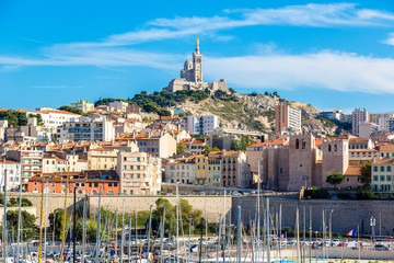 Notre Dame de la Garde and olf port in Marseille, France