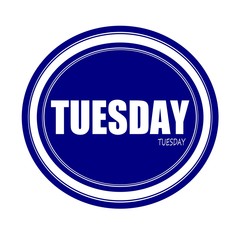 TUESDAY white stamp text on blue