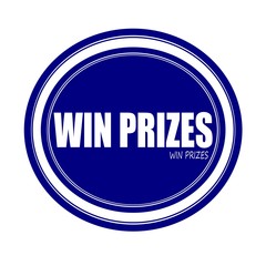 WIN PRIZES white stamp text on blue