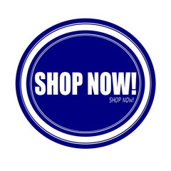 SHOP NOW white stamp text on blue