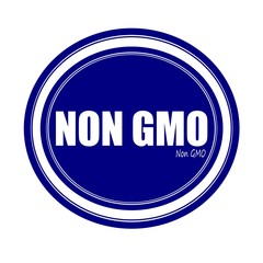 NON GMO white stamp text on blue