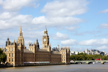 Big Ben London clock tower houses of parliament with river thames and westminster bridge landscape...