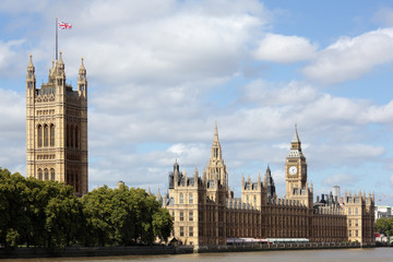 Fototapeta na wymiar Big Ben London clock tower houses of parliament with river thames landscape view photo