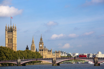 Big Ben London clock tower houses of parliament with river thames and westminster bridge landscape view photo