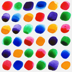 Watercolor circles seamless pattern with red, yellow, green and ultramarine colors.