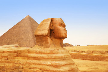 Great Sphinx of Giza and Pyramid. Cairo, Egypt