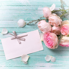Postcard with rose  flowers and empty tag for your text