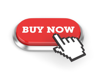 Red buy now button with cursor on white background