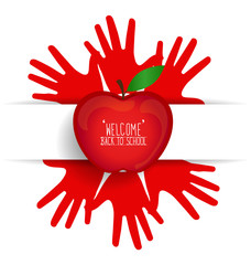 Welcome back to school with hands and apple, vector illustration