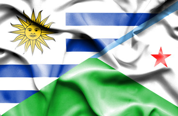 Waving flag of Dijbouti and Uruguay