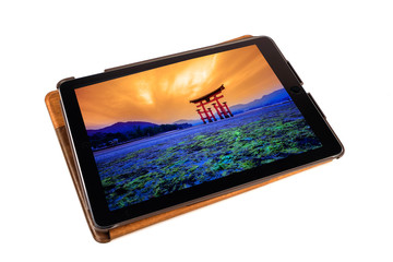 Tori gate in Hiroshima japan picture on tablet with white backgr