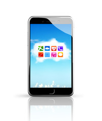Smart phone with colorful app icons white cloud touchscreen