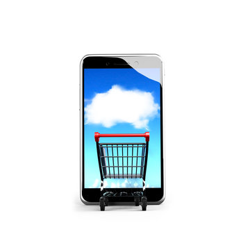 Shopping cart going into smart phone with white cloud touchscree