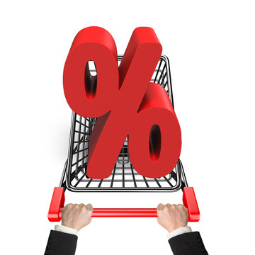 Hands pushing shopping cart with 3D red percentage sign
