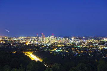 View of the Brisbane City from Mount Coot-tha at night. Queensland, Australia.