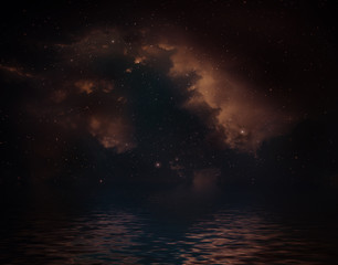 Space background with nebula and stars reflected in water surface.