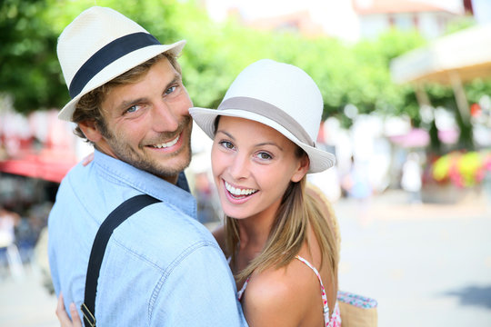 Portrait of cheerful couple in summer vacation, South of France