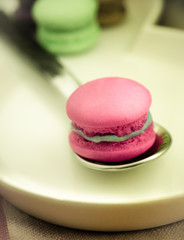Mini macarons on silver spoon, Close up and selective focus