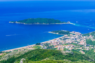 Fototapeta na wymiar View on mountain, sea, Budva and Sveti Nikola island