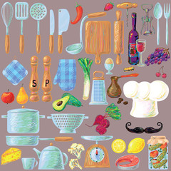 Kitchen cooking utensils and food set in retro style. Chef's hat and mustache. Stylish vector design elements: pepper-box, fork, spoon, bowl, pan, scales, colander, knife and others