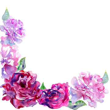 White background with violet, pink peons and copy space