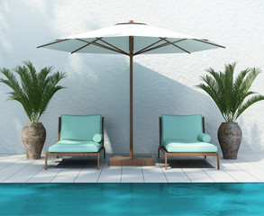 Sunbed lounge by the pool, summer holiday front