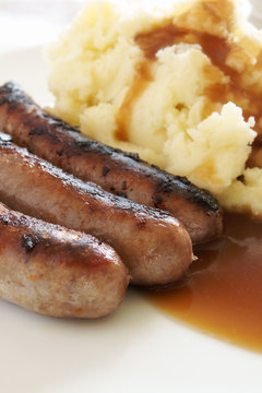 Bangers and Mash a traditional British meal of sausage and mashed potatoes