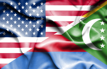 Waving flag of Comoros and USA