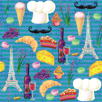 Seamless Paris French food vector pattern with Eiffel Tower, chef's hat, mustache, wine glass, grapes, bottle of wine and cake, croissant, ice cream, cupcakes, macaroon, cheese