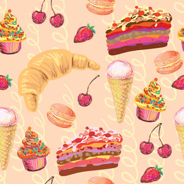 Seamless Paris French food vector pattern with cake, croissant, ice cream, cupcakes, macaroon, cherry and strawberry. Perfect for wallpaper, pattern fill, web page background, surface texture, textile