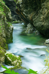 Fototapeta na wymiar Long exposure of the entrance to the river Mostnica canyon near Bohinj