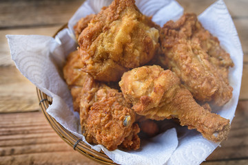 Fried Chicken in a basket on a wooden floor