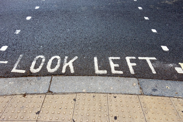 Look left warning on the streets of London for tourists.