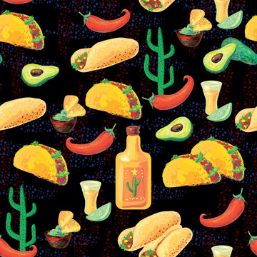 Mexican seamless food pattern with taco, tequila, lime, fajitas, nachos, avocado, cactus and chili pepper vector background