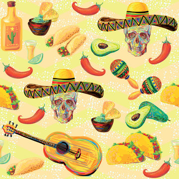 Mexican seamless music pattern with skulls, sombrero hat, mustache, maracas, guitar, taco, tequila, lime, fajitas, nachos, avocado, cactus and chill pepper vector background