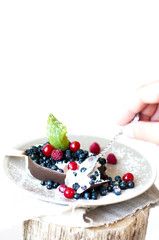 Melting  ice lolly with chocolate glaze and garnished with fresh berries.