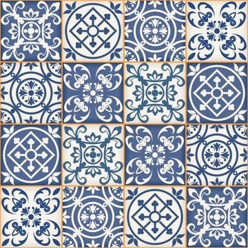 Seamless  pattern from dark blue and white Moroccan tiles