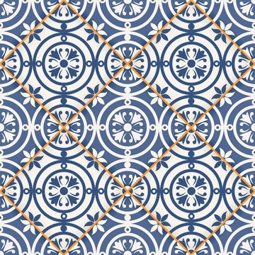 Seamless  pattern from dark blue and white Moroccan tiles