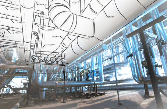 Sketch of piping design mixed with industrial equipment photos