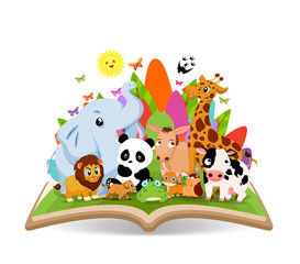 Funny Animal Cartoon in the forest on the book