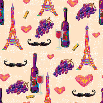 Seamless Paris romantic vector pattern with Eiffel Tower, mustache, wine glass, grapes, bottle of wine and love hearts. Perfect for wallpapers, web page background, surface textures, textile