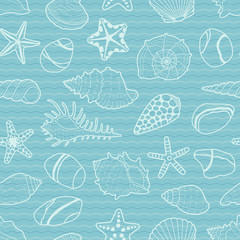 Vector pattern of white sea shells, stars, stones