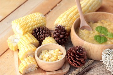 Corn soup of condensed in a wooden bowl